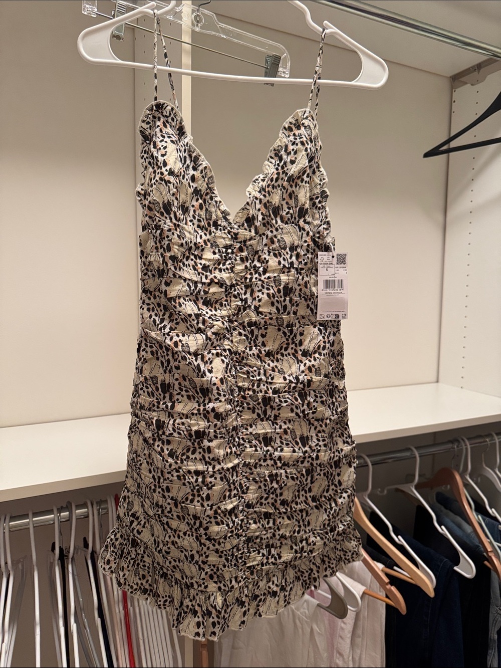 Ruffled Spotted Mini Dress in Cream and Black